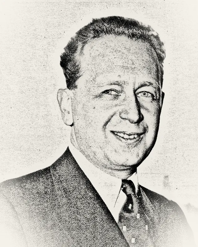 Pencil-style portrait of Dag Hammarskjöld, a smiling man with swept-back hair in a suit and patterned tie.