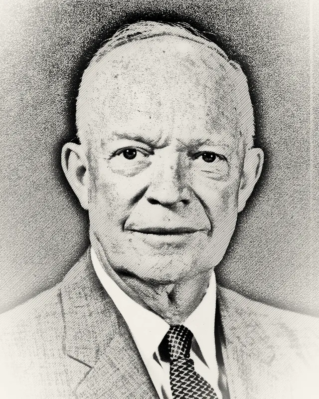 Pencil-style portrait of Dwight D. Eisenhower, a bald, smiling older man in a suit and tie.