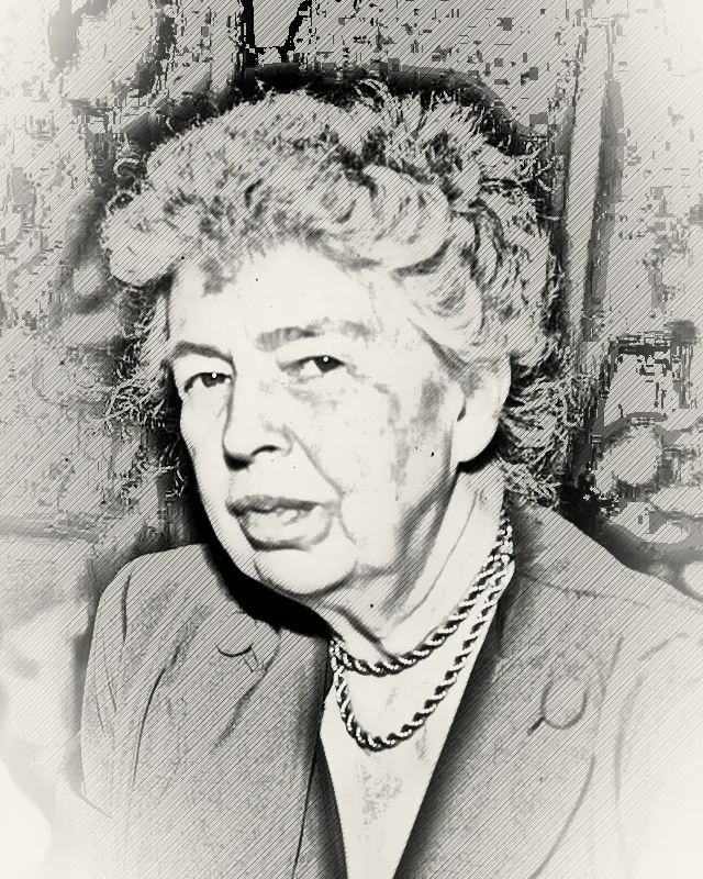 Pencil-style portrait of Eleanor Roosevelt, an older woman with wavy hair and a double string of pearls.