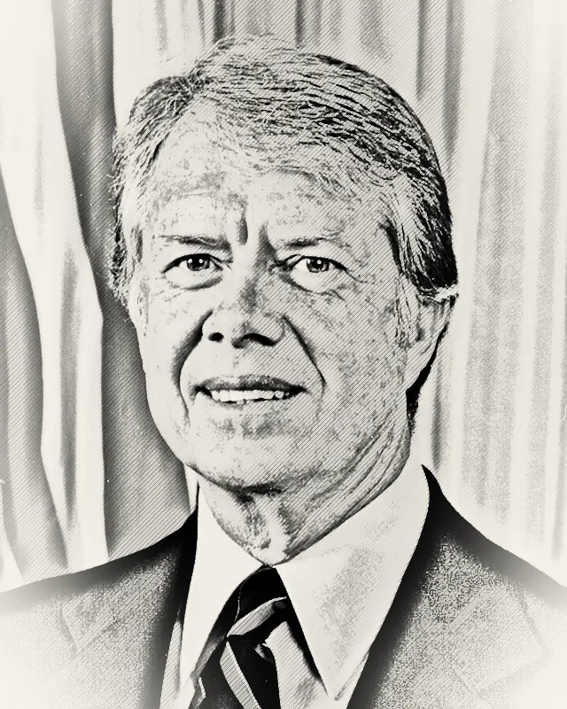 Pencil-style portrait of Jimmy Carter, smiling, with side-parted hair, in a suit and striped tie.