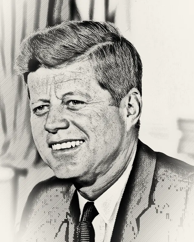 Pencil-style portrait of John F. Kennedy, smiling, with thick swept hair, in a dark suit.