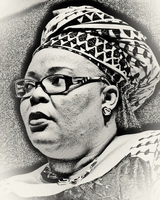 Pencil-style portrait of Leymah Gbowee in glasses and a patterned head wrap, looking to the side.