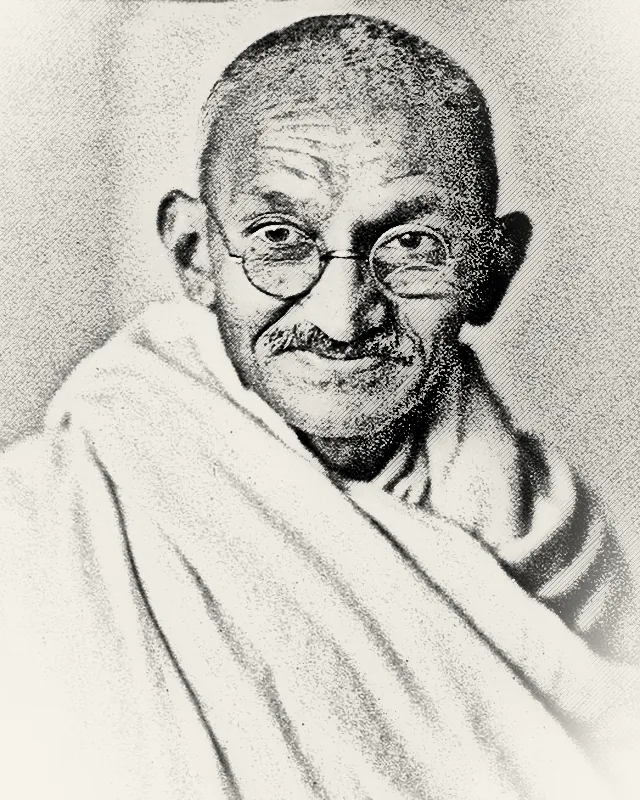 Pencil-style portrait of Mahatma Gandhi in round glasses, wrapped in a white shawl.