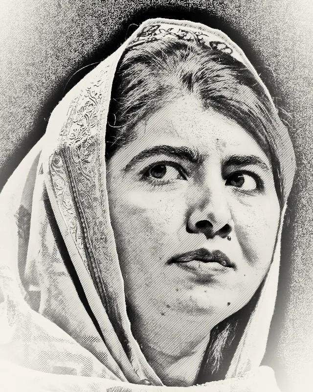 Pencil-style portrait of Malala Yousafzai, a young woman wearing a patterned headscarf.