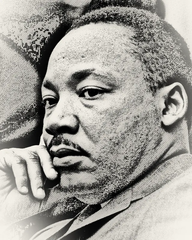 Pencil-style portrait of Martin Luther King Jr., resting his chin on his hand, deep in thought.