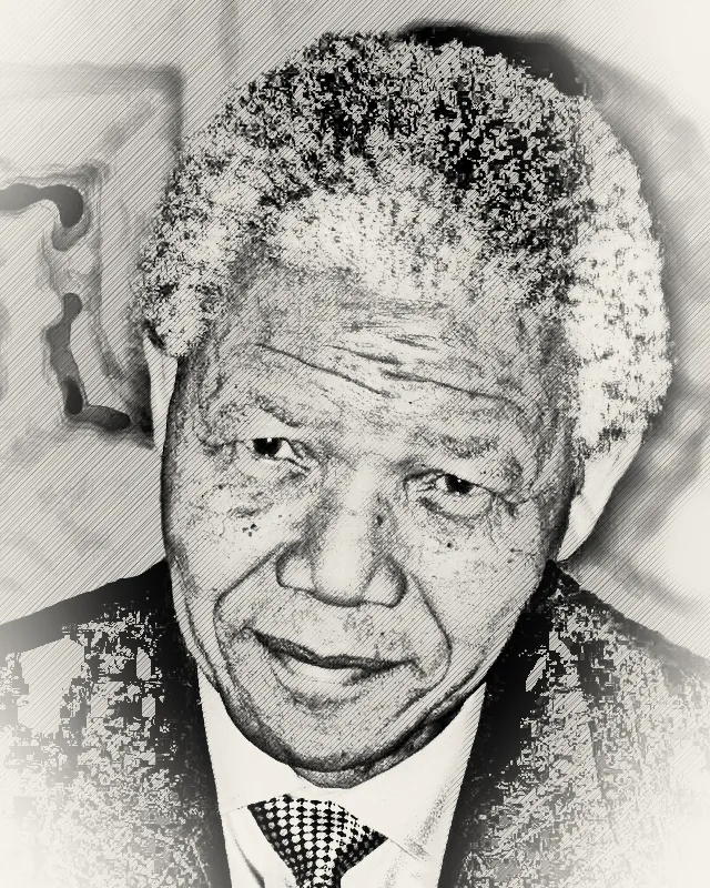 Pencil-style portrait of Nelson Mandela, an older man with short grey hair and a warm smile.