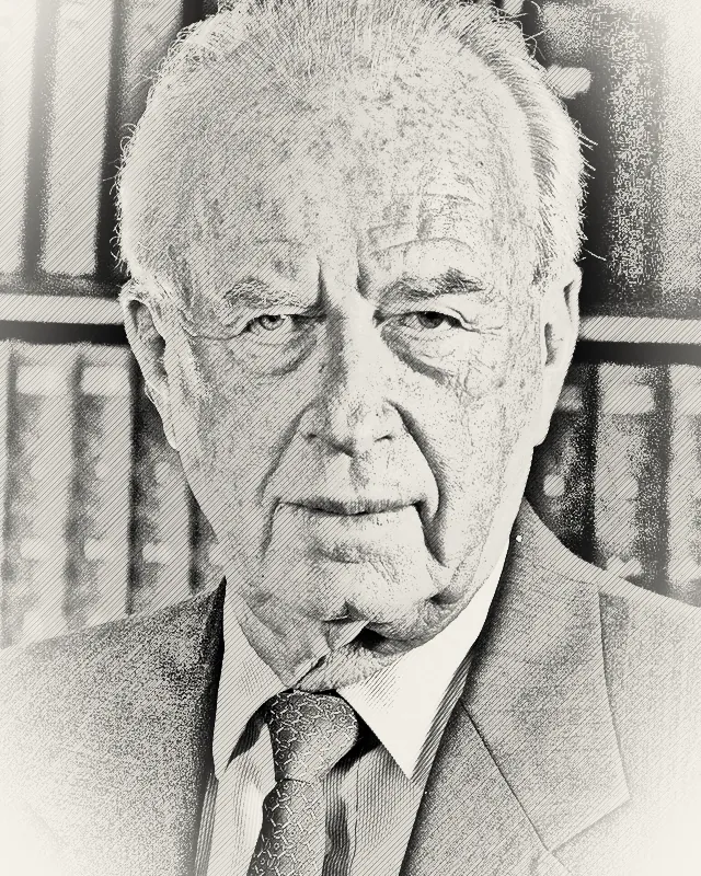 Pencil-style portrait of Yitzhak Rabin, an older man with white hair, in a suit, in front of bookshelves.